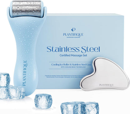 PLANTIFIQUE Stainless Steel Gua Sha and Ice Roller for Face & Body - Cooling Facial Tool Set to Reduce Puffiness, Improve Lymphatic Drainage & Soothe Skin