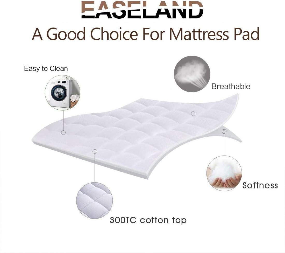 EASELAND Queen Size Mattress Pad Pillow Top Mattress Cover Quilted Fitted Mattress Protector Cotton Top Stretches up 8-21" Deep Pocket Cooling Mattress Topper (60x80 inch, White)
