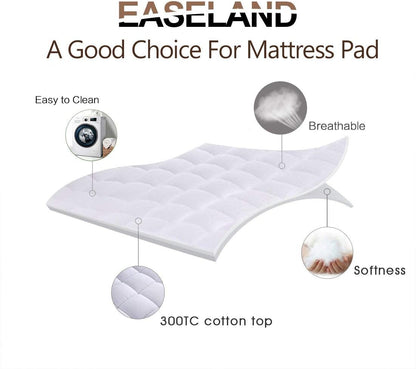 EASELAND Queen Size Mattress Pad Pillow Top Mattress Cover Quilted Fitted Mattress Protector Cotton Top Stretches up 8-21" Deep Pocket Cooling Mattress Topper (60x80 inch, White)