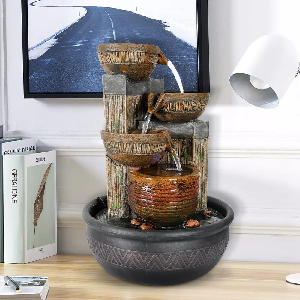 15.7" H 4-Tier Indoor Tabletop Waterfall Fountain with LED Lights Desktop Fountains Calming Sound for Home Office Decor (15.7''H)