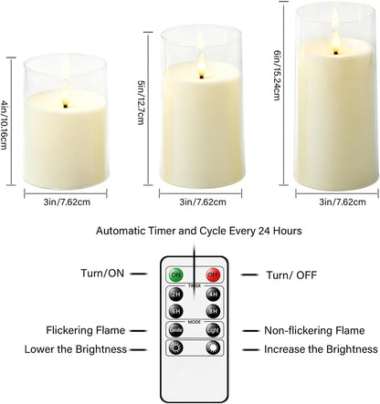 kakoya Flickering Flameless Candles Battery Operated with Remote and 2/4/6/8 H Timer Acrylic Led Pillar Candles Pack of 9 (appr D2.3"xH5.5"6.5"7.5")with Realistic 3D Wick Candles for Home Decor(White)