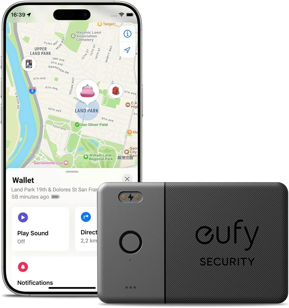 eufy Security SmartTrack Card E30 (Black, 1-Pack), Rechargeable, Works with Apple Find My (iOS Only), Bluetooth Tracker, Perfect for Wallet, Passport, and Laptop, Water Resistant