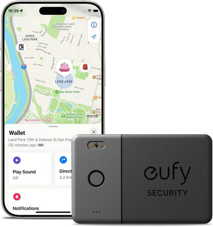 eufy Security SmartTrack Card E30 (Black, 1-Pack), Rechargeable, Works with Apple Find My (iOS Only), Bluetooth Tracker, Perfect for Wallet, Passport, and Laptop, Water Resistant