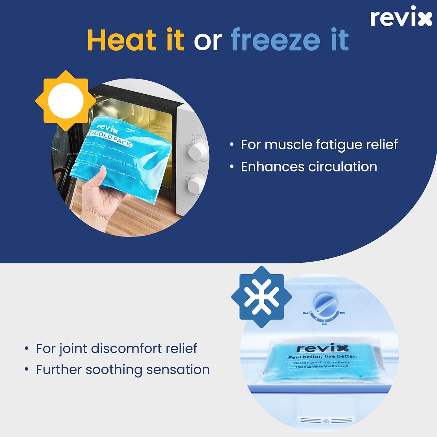 REVIX Ice Packs for Injuries Reusable, 2 Packs Hot & Cold Gel Ice Packs with PVC Cooling Design & Adjustable Strap, Flexible Therapy on Joints, Muscles, Shoulder, Back and Knee (10" x 5" Blue)