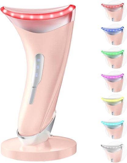 Dopsikn 7 Color Galvanic Machines - Red Light Therapy for Face and Neck, Face Massager Tool for Wrinkles, Double Chin, Vibrating Facial Massager with Thermals, Pink