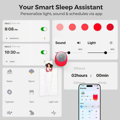 Smart Red Light Therapy Lamp & Sleep Sound Machine for Bedroom with Alarm Clock, 32 White Noises Sound Machine, Night Light with App Control, 5-Level Red Light (620–690nm), 2600mAh Battery（Large）