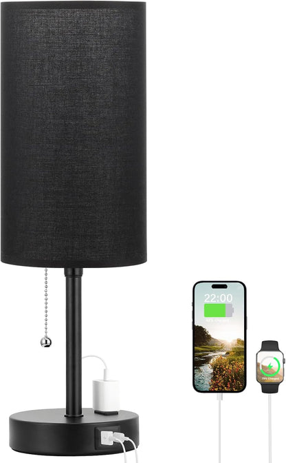 Small Bedside Table lamp for Bedroom - 3 Color Temperatures Bedside Lamps with USB C and A Ports, Pull Chain Table Lamps with AC Outlet, White Nightstand Lamps with Black Metal Base for Kids Reading