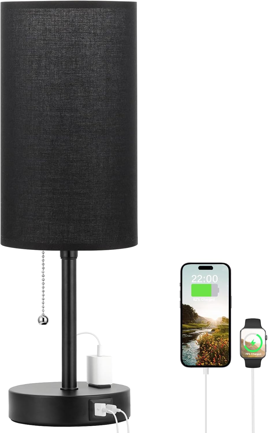 Small Bedside Table lamp for Bedroom - 3 Color Temperatures Bedside Lamps with USB C and A Ports, Pull Chain Table Lamps with AC Outlet, White Nightstand Lamps with Black Metal Base for Kids Reading