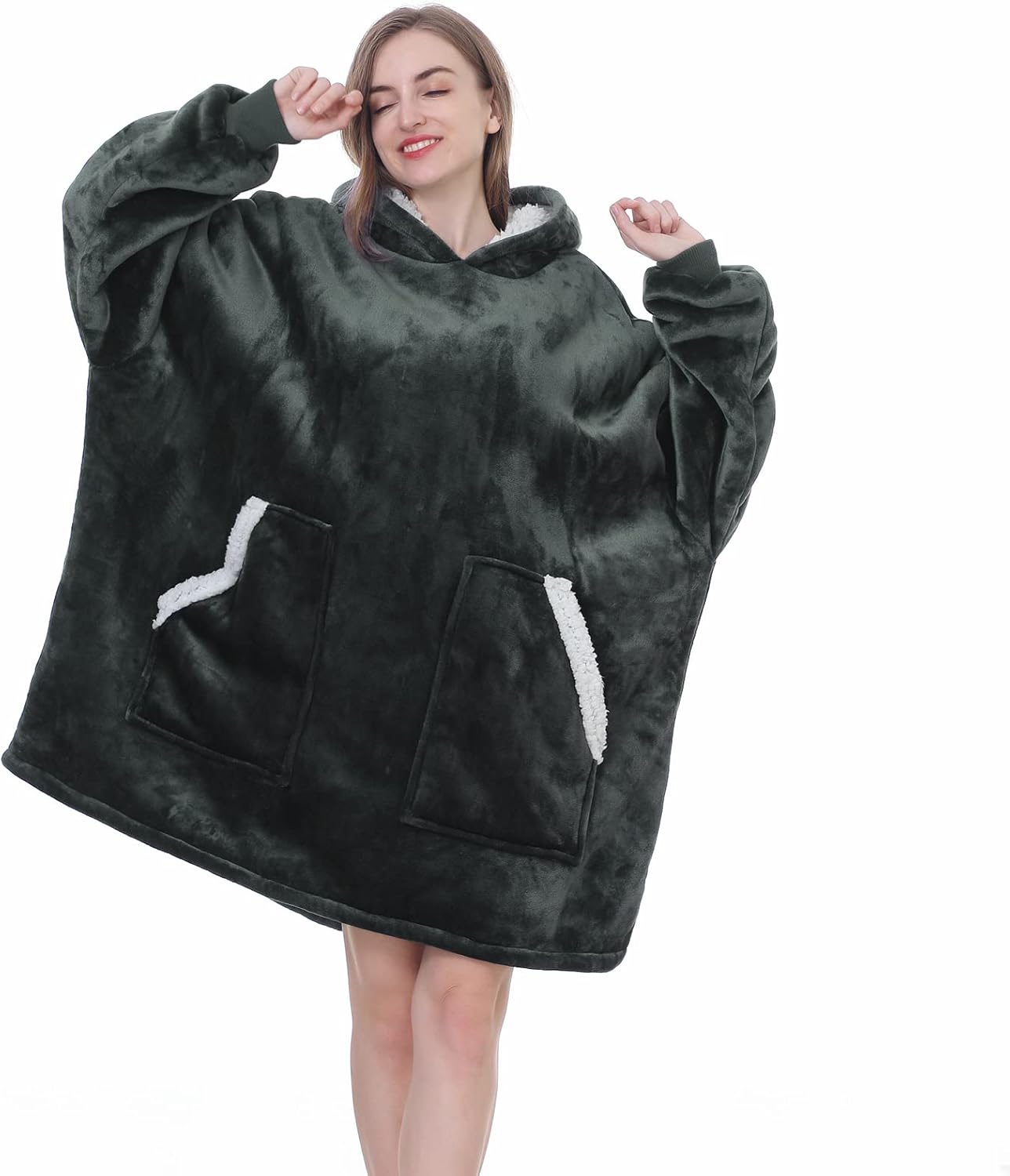 Kipswiza Wearable Blanket Hoodie Gifts for Women and Men, Oversized Cozy Warm Flannel Sherpa Hooded Blankets Sweatshirt with Giant Pockets for Adult and Teens, Dark Gray