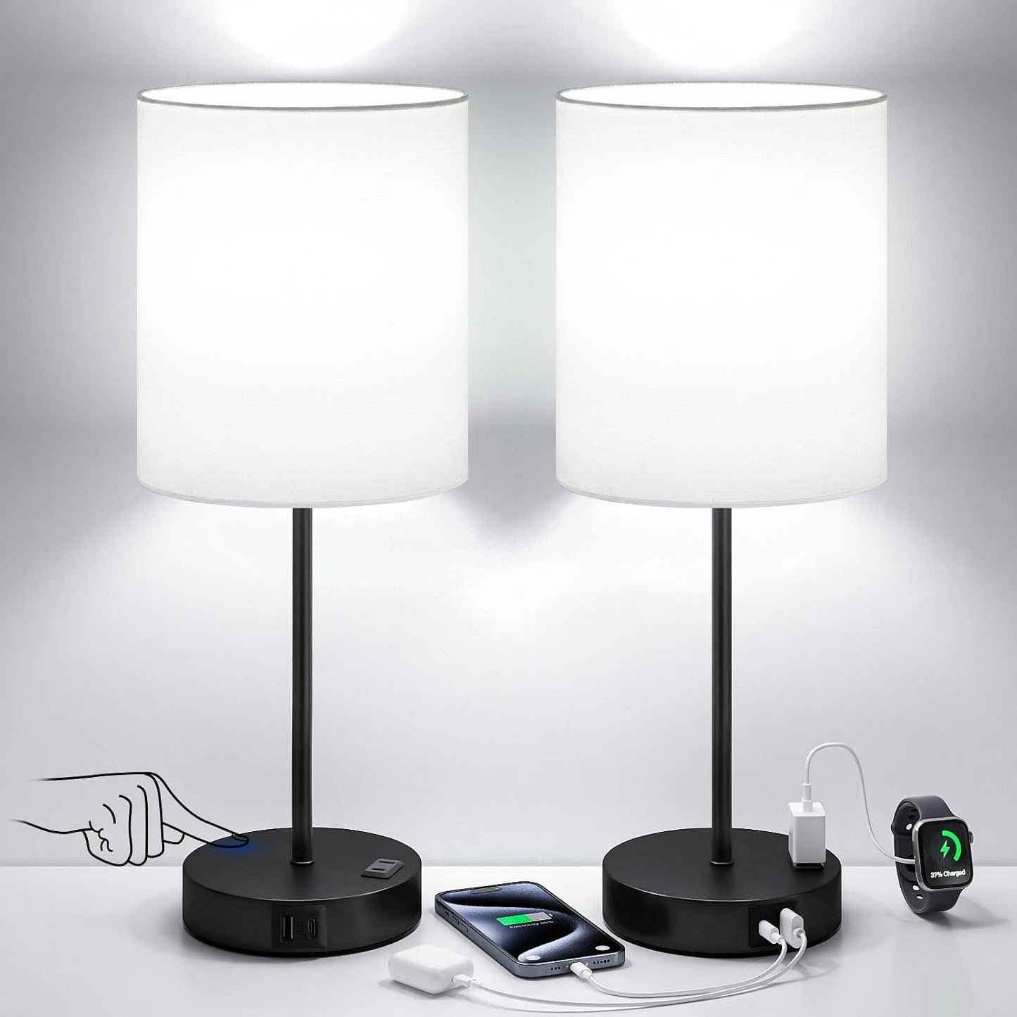 Blue Touch Lamps for Nightstand Set of 2 - Bedside Table Lamp for Bedroom with Dual USB Ports & AC Outlet, 3-Way Dimmable Lamps for Living Room Boys Room, Night Light with 5000K Daylight Bulbs