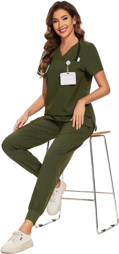 COZYFIT Scrubs for Women Set - Stretch V-Neck Scrub Top & Jogger Pant with 8 Pockets COZY SCRUBS - Colors E