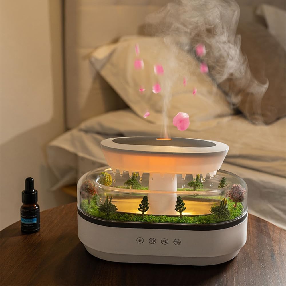 Rain Cloud Aromatherapy Diffuser Air Humidifiers Water Drip,Micro Landscape Essential Oils Ultrasonic Diffuser Flame for Sleeping and Relaxing (white1)
