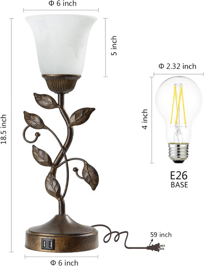 Touch Control Table Lamp with 2 USB Charging Ports, 3-Way Dimmable Bedside Nightstand Lamps, Amber Glass Shade Vintage Rural Leaf Lamp for Living Room, Bedroom, Dresser, LED Bulb Included (Bronze)