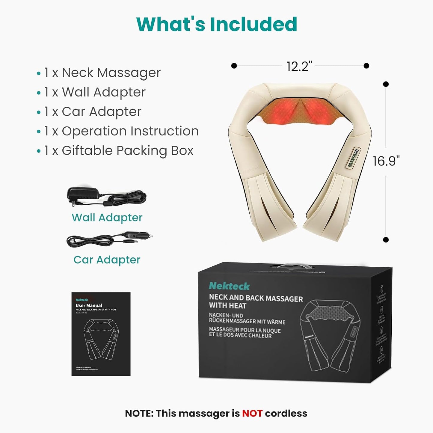Nekteck Shiatsu Neck Massager with Heat for Pain Relief Deep Tissue, 2026 Upgraded 3D Back Shoulder Kneading Massage Pillow, Body Muscle Relaxation Tools Gifts for Him Her, Blue (NOT Cordless)