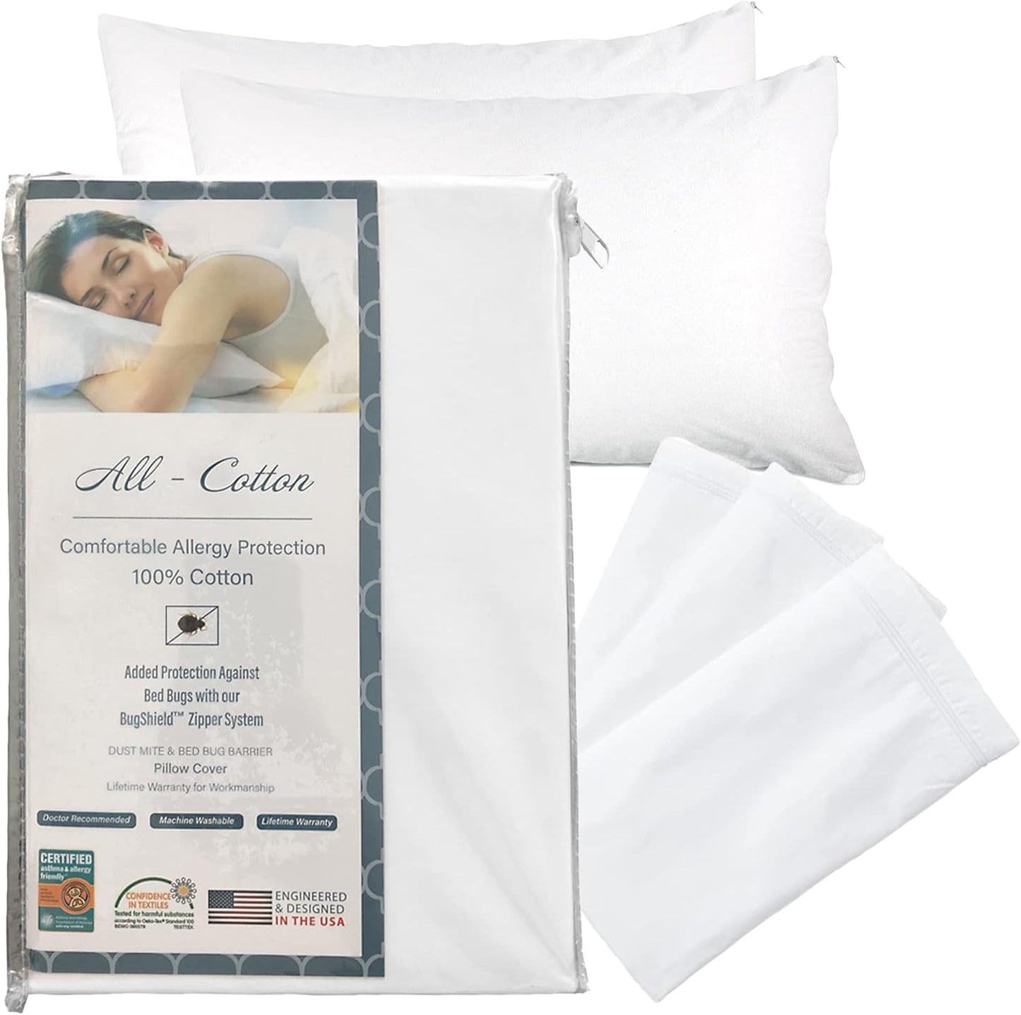 National Allergy Premium 100% Cotton Zippered Pillow Protector - Queen Size - White - 2 Pack - 300 Thread Count - Hypoallergenic Bed Pillowcase with Zipper - Breathable Encasement Cover