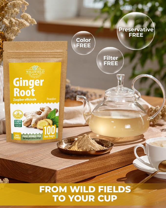 100 Bags Ginger Tea Ginger Root Tea Dry Dried Herb (Zingiber Officinale) - 100 Count 1.5g Bags Raíz De Jengibre