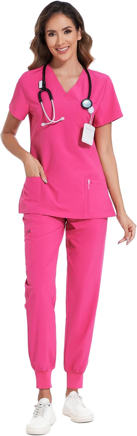 COZYFIT Scrubs for Women Set - Stretch V-Neck Scrub Top & Jogger Pant with 8 Pockets COZY SCRUBS - Colors B