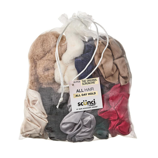 Scunci by Conair The Original Scrunchie Hair Ties, 20 Count Hair Scrunchies for Women, Super- Comfy Nylon Silk Ponytail Holders, Everyday Accessories for Sports and Working Out, Assorted Colors