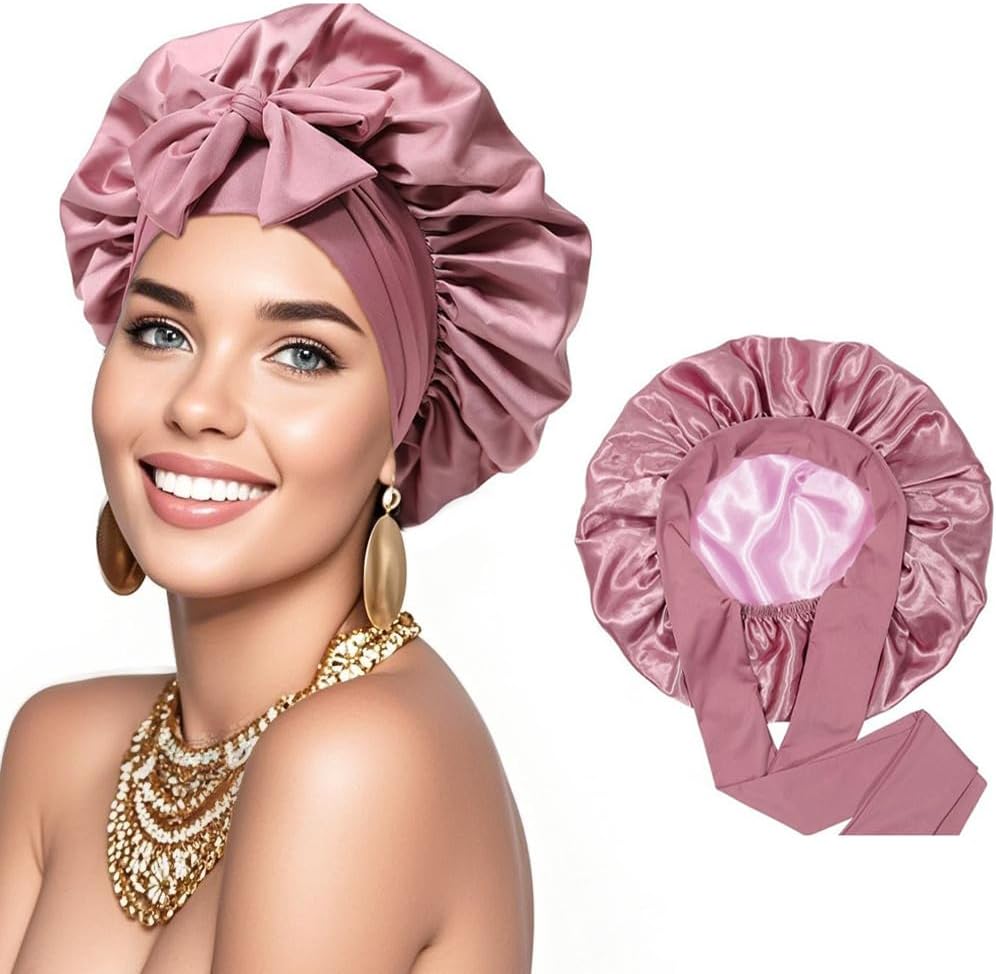 Silk Bonnet for Sleeping, Women Double Layer Satin Hair Bonnet with Elastic Tie Band Sleep Cap for Curly Hair