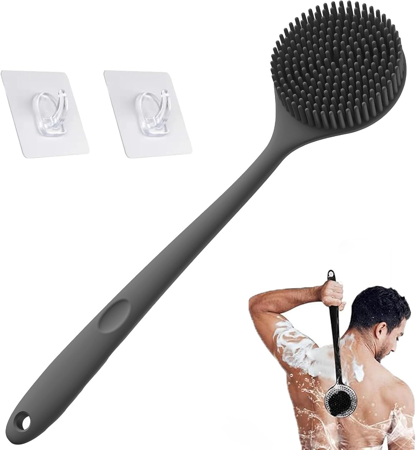 Silicone Back Scrubber for Shower, 17in Lengthen Long Handle Body Brush, Double Sided Shower Brush for Shower Exfoliating and Massage,Includes 2 Hooks (Black)