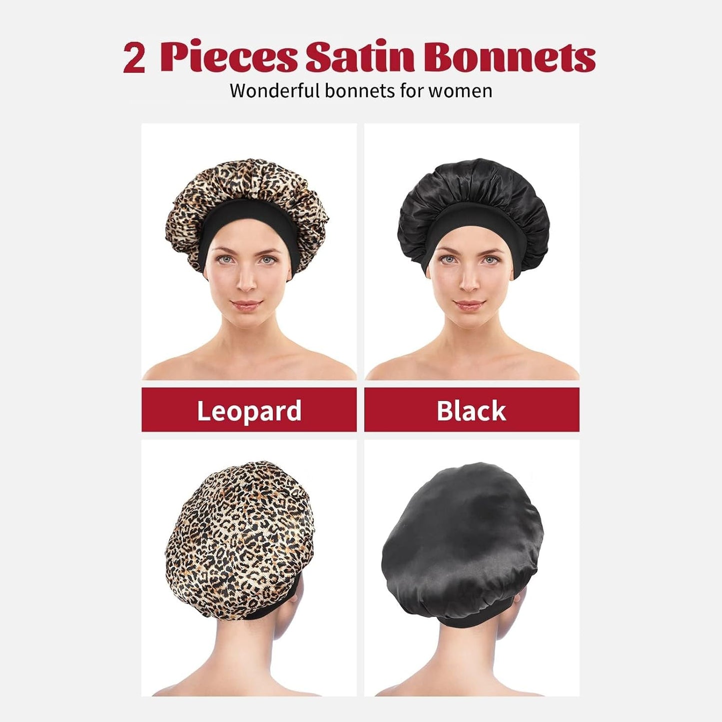 ZHENSILK 2Pcs Silk Bonnet for Sleeping, Satin Hair Bonnets, Soft Elastic Band Silk Sleep Cap, Hair Wrap for Women (Black Gold)
