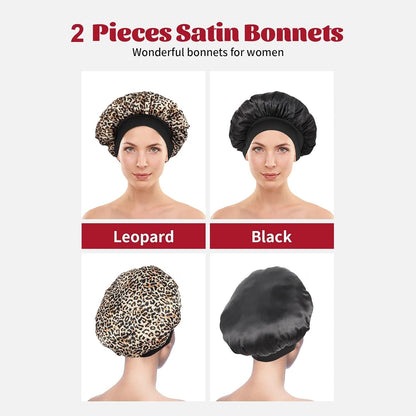 ZHENSILK 2Pcs Silk Bonnet for Sleeping, Satin Hair Bonnets, Soft Elastic Band Silk Sleep Cap, Hair Wrap for Women (Black Gold)