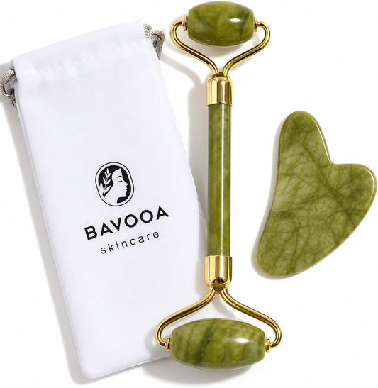 Jade Roller and Gua Sha - Spa Grade Face Roller Massager and Gua Sha Massage Tool Set. 100% Authentic Jade Stone. Reduces Puffiness, Wrinkles and Reveals Your Natural Glow