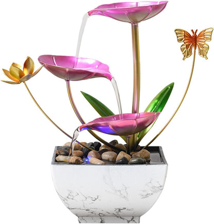 11‘’ H Pink Tabletop Water Fountain, Zen Desktop Waterfall, Indoor Lotus Desktop Decorative Fountain, Home Bathroom Bedroom Decor.
