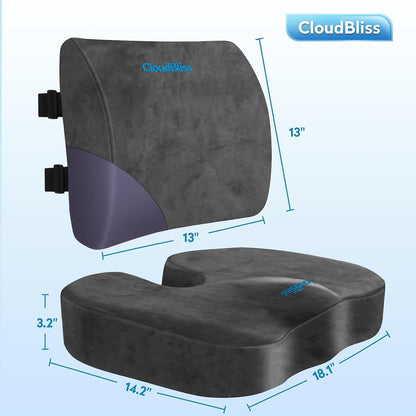 CloudBliss Lumbar Support Pillow & Seat Cushion Set for Office Chair, Desk Chair, Wheelchair & Car – Memory Foam Back Support, Ergonomic Chair Cushions, Sciatica Pain Relief, Home Essentials, Black