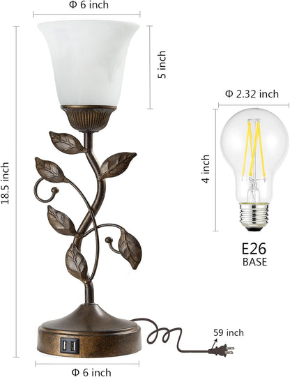 Touch Control Table Lamp with 2 USB Charging Ports, 3-Way Dimmable Bedside Nightstand Lamps, Amber Glass Shade Vintage Rural Leaf Lamp for Living Room, Bedroom, Dresser, LED Bulb Included (Bronze)