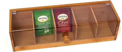 RRRICO Bamboo Tea Bag Organizer Box with Clear Acrylic Lid, 5-Compartment Tea Bag Storage Box for Countertop, Cabinet and Pantry, Tea Box for Packets and Sachets