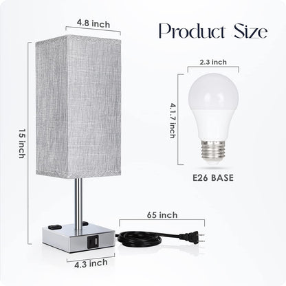 Bedside Table Lamp for Bedroom - Touch Small Lamp with USB C+A Charging Ports & AC Outlets, 3 Way Dimmable Nightstand Light for Living Room (LED Bulb Included, Grey)