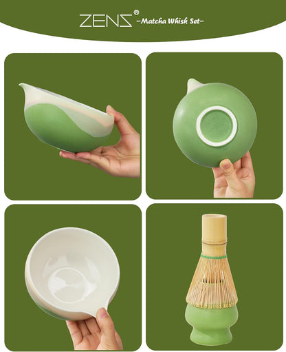 ZENS Matcha Whisk Set, Matcha Kit Set, Matcha Bowl with Spout, Bamboo Whisk & Scoop, Chasen Holder, 304 Sifter & Tea Mat, 6pcs Japaness Matcha Kit for Matcha Lovers, Birthday Gift, Pale Green
