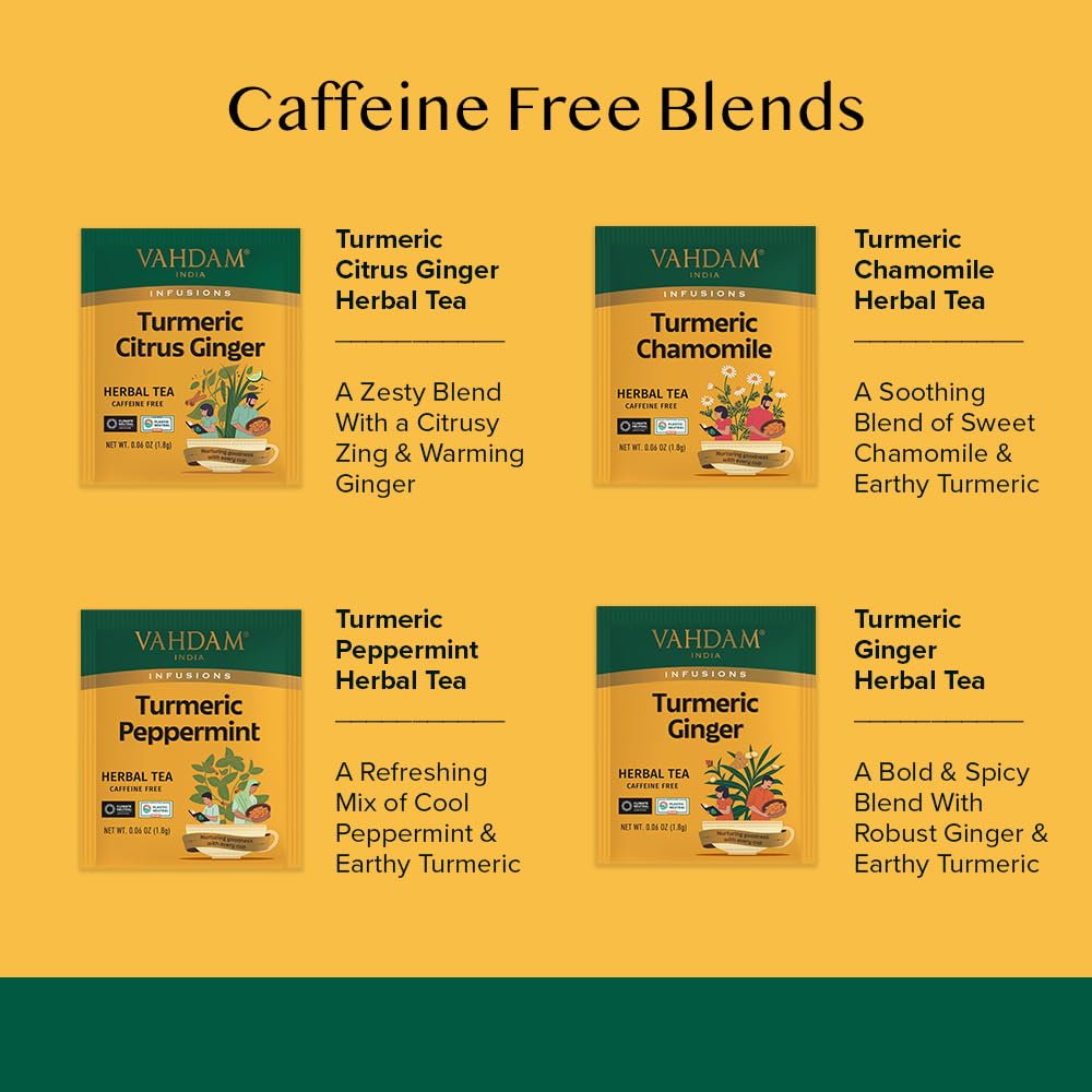 VAHDAM, USDA Organic Turmeric Herbal Tea Sampler (20 Tea Bags, 4 Flavors), Caffeine-Free, Gluten-Free |Turmeric with Citrus, Ginger, Chamomile & Peppermint Tea Variety | Individually Wrapped