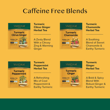 VAHDAM, USDA Organic Turmeric Herbal Tea Sampler (20 Tea Bags, 4 Flavors), Caffeine-Free, Gluten-Free |Turmeric with Citrus, Ginger, Chamomile & Peppermint Tea Variety | Individually Wrapped