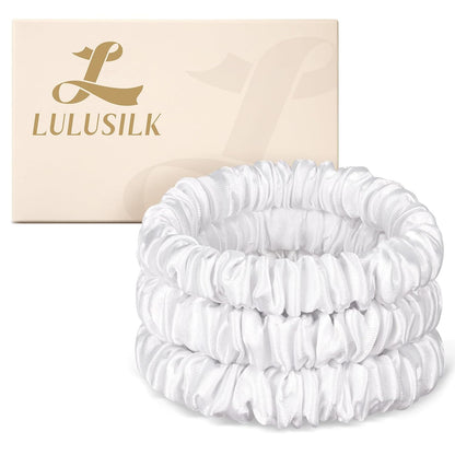 LULUSILK Small Silk Hair Ties No Damage, 100% Real Mulberry Silk, Skinny Scrunchies Ponytail Holders for Thin Fine Hair, Brown, Pack of 3
