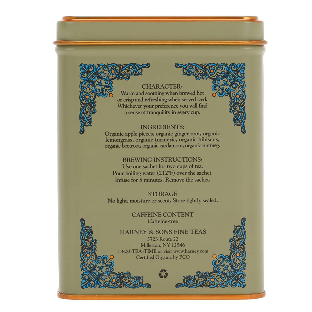 Harney & Sons HT Organic Ginger Turmeric Herbal Tea, 20 Sachets Tin