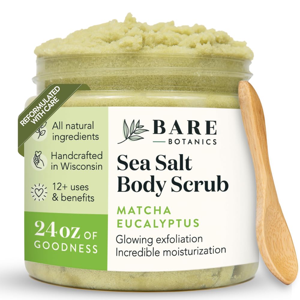 Bare Botanics Coconut Vanilla Body Scrub 24oz | Made in Madison, WI | All Natural Sea Salt Exfoliator w/ Skin Loving Moisturizers | Vegan & Cruelty Free | Gift Ready Packaging w/ a Cute Wooden Spoon