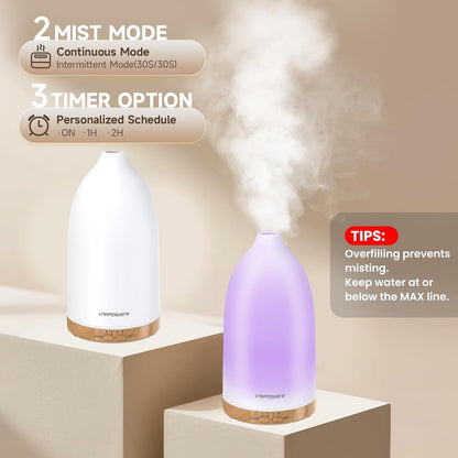URPOWER 150ML Essential Oil Diffusers for Home, Ultrasonic Aromatherapy Diffuser with 7 Color Changing Lights, Timer & Auto Shut-Off, Scent Diffuser for Bedroom, Office, Yoga