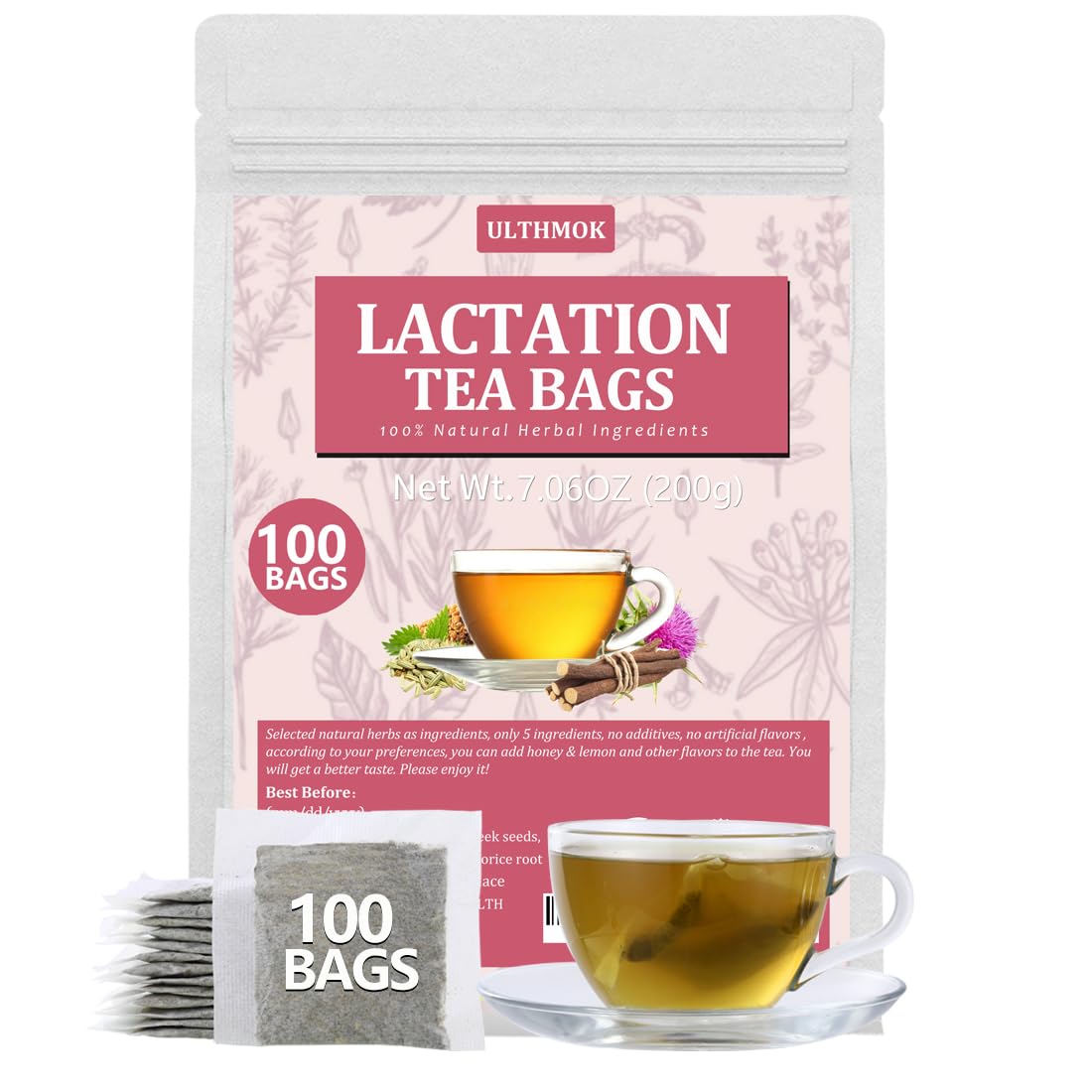 Premium Hibiscus Tea Bags,60 Tea Bags 2g /4.24 Oz,100% Pure Dried Hibiscus Flower,Natural & No Additives,Caffeine Free.