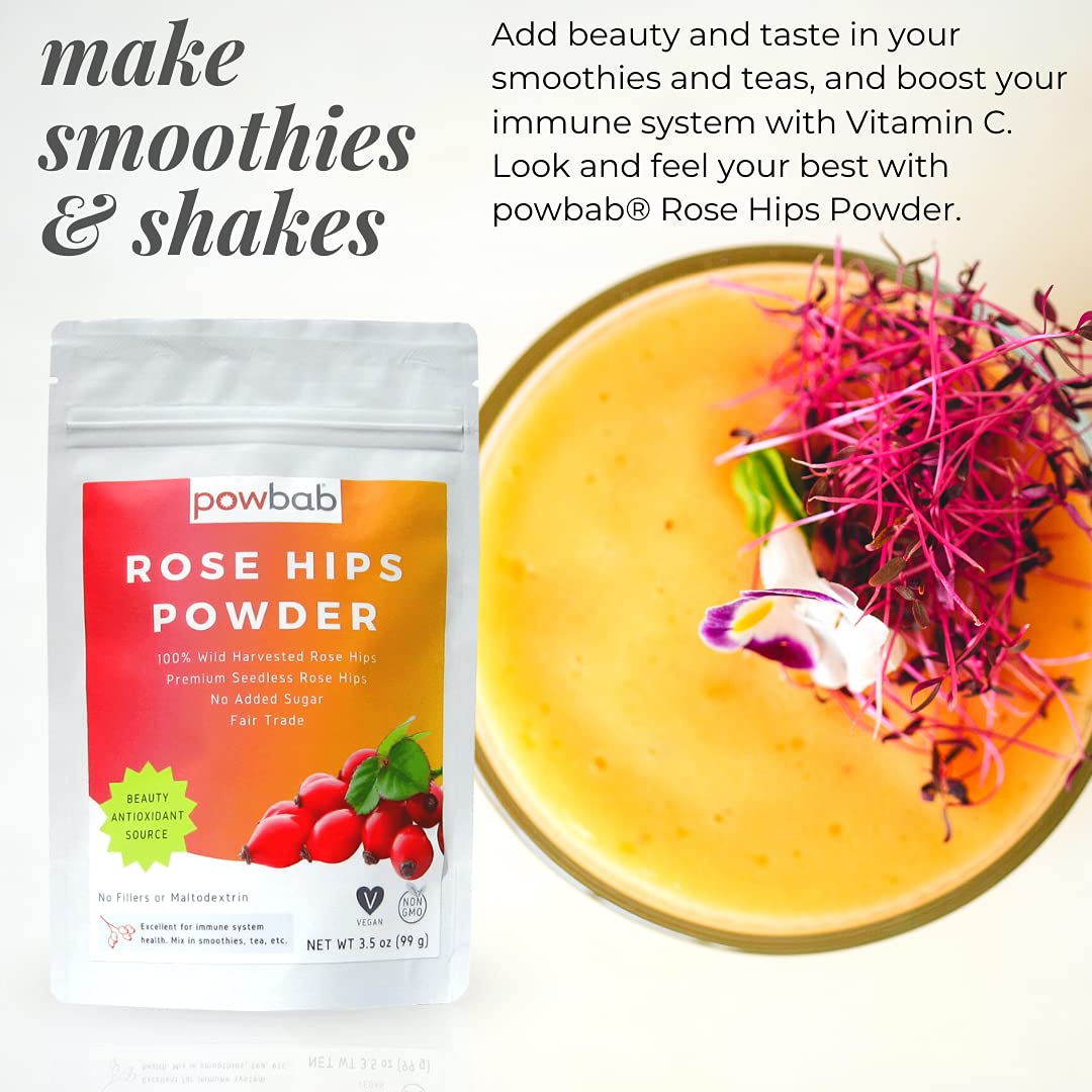 powbab Rose Hips Powder from 100% Wild Organic Rosehip. Premium Rosa Rubiginosa. Seedless Ground Rosehips from Whole Dried Rose Hips. No Added Sugar. Fair Trade (3.5 oz)