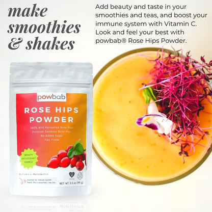 powbab Rose Hips Powder from 100% Wild Organic Rosehip. Premium Rosa Rubiginosa. Seedless Ground Rosehips from Whole Dried Rose Hips. No Added Sugar. Fair Trade (3.5 oz)