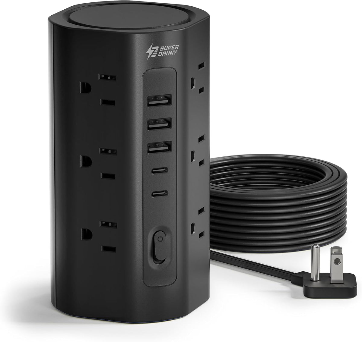 10Ft Tower Power Strip, Long Extension Cord, Flat Plug, 1700J, 12 AC 5 USB