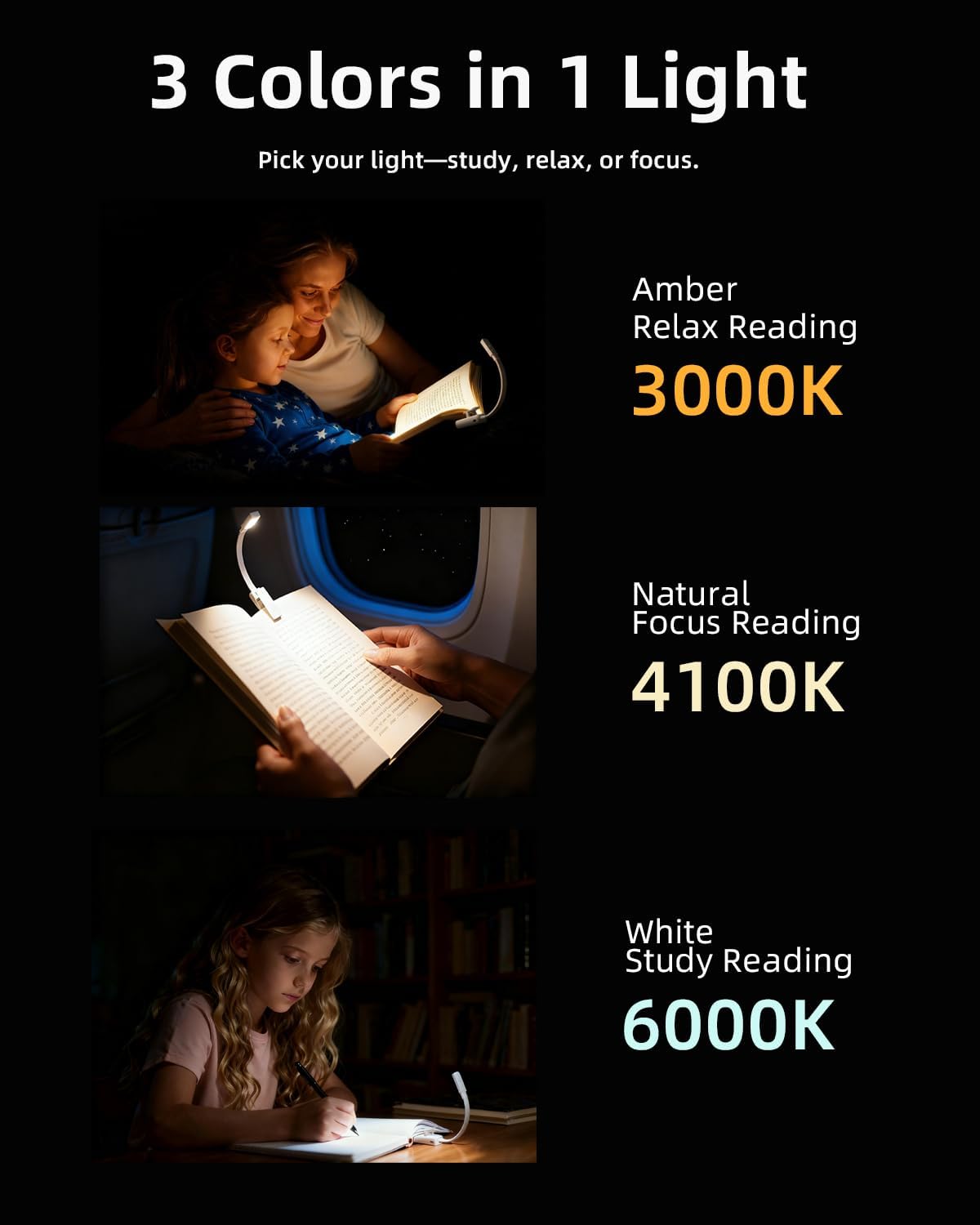 Book Lights for Reading at Night,Reading Light,Clip-On Led Reading Light with 3 Colors & Stepless Dimming,Portable and Ultra-Lightweight with Long Runtime (White)