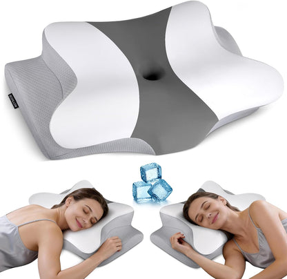 Cervical Neck Pillow for Pain Relief - Ergonomic Side Sleeper Pillow for Neck Support, Contour Orthopedic Cervical Pillow for Sleeping, Cooling Memory Foam Pillows for Back Stomach Sleepers (Blue)