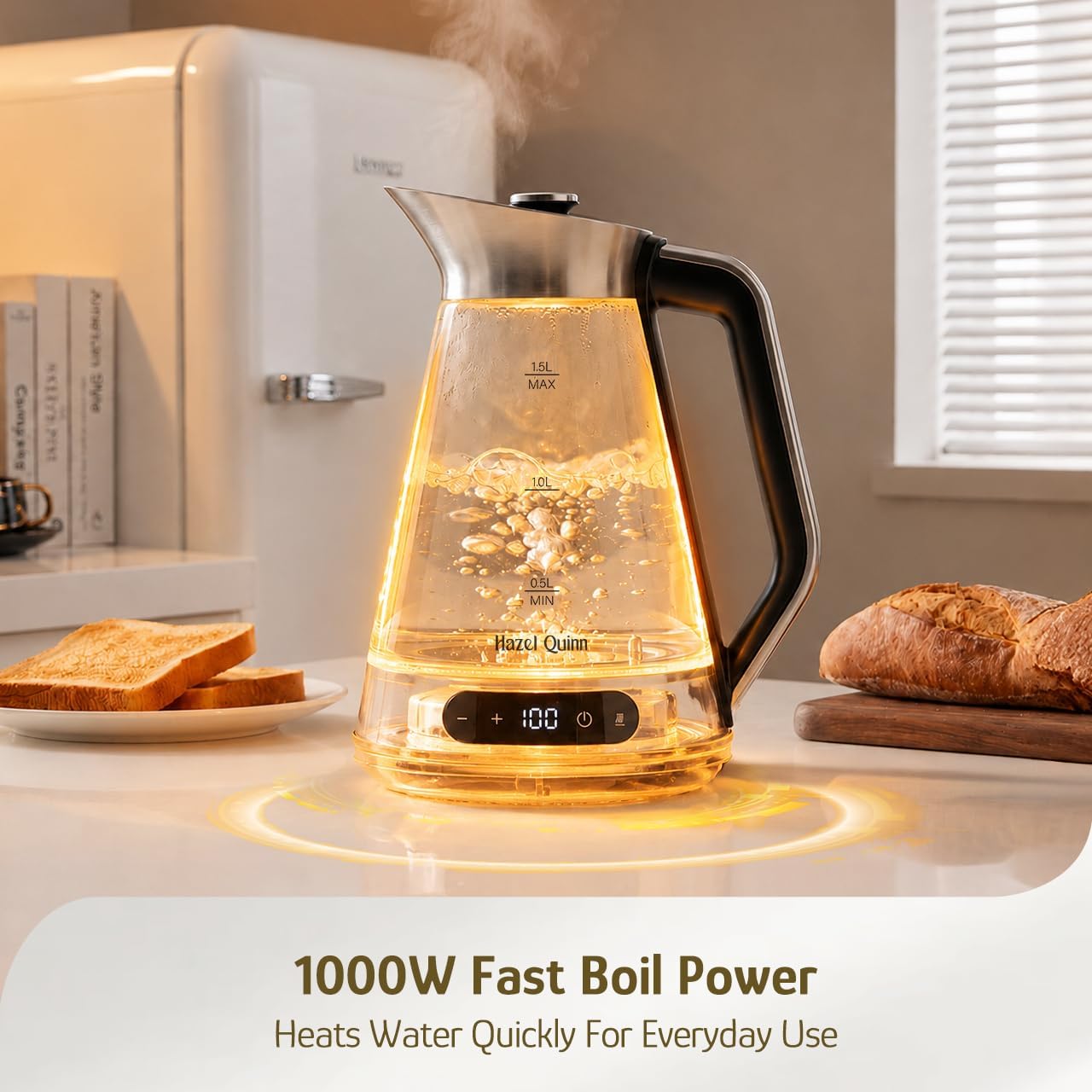 Hazel Quinn Glass & Stainless Steel Electric Kettle, 1.5 Liters Tea Kettle