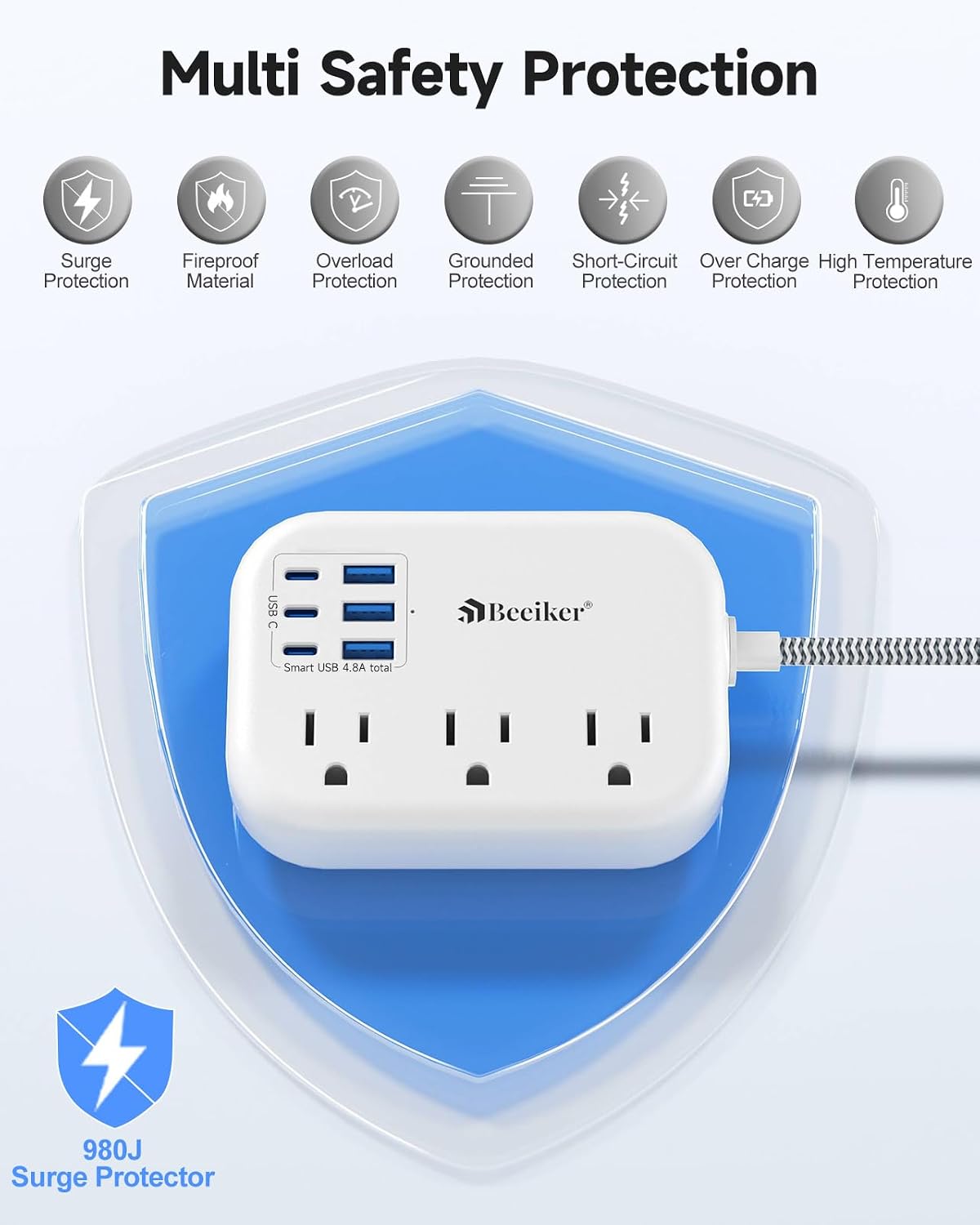 6 USB(3 USB C) Power Strip- Travel Power Strip with 6 USB Desktop Charging Station 24W/4.8A and 3 Outlets, 5Ft Flat Plug Braided Extension Cord, Non Surge Protector for Cruise Ship Travel Office Dorm