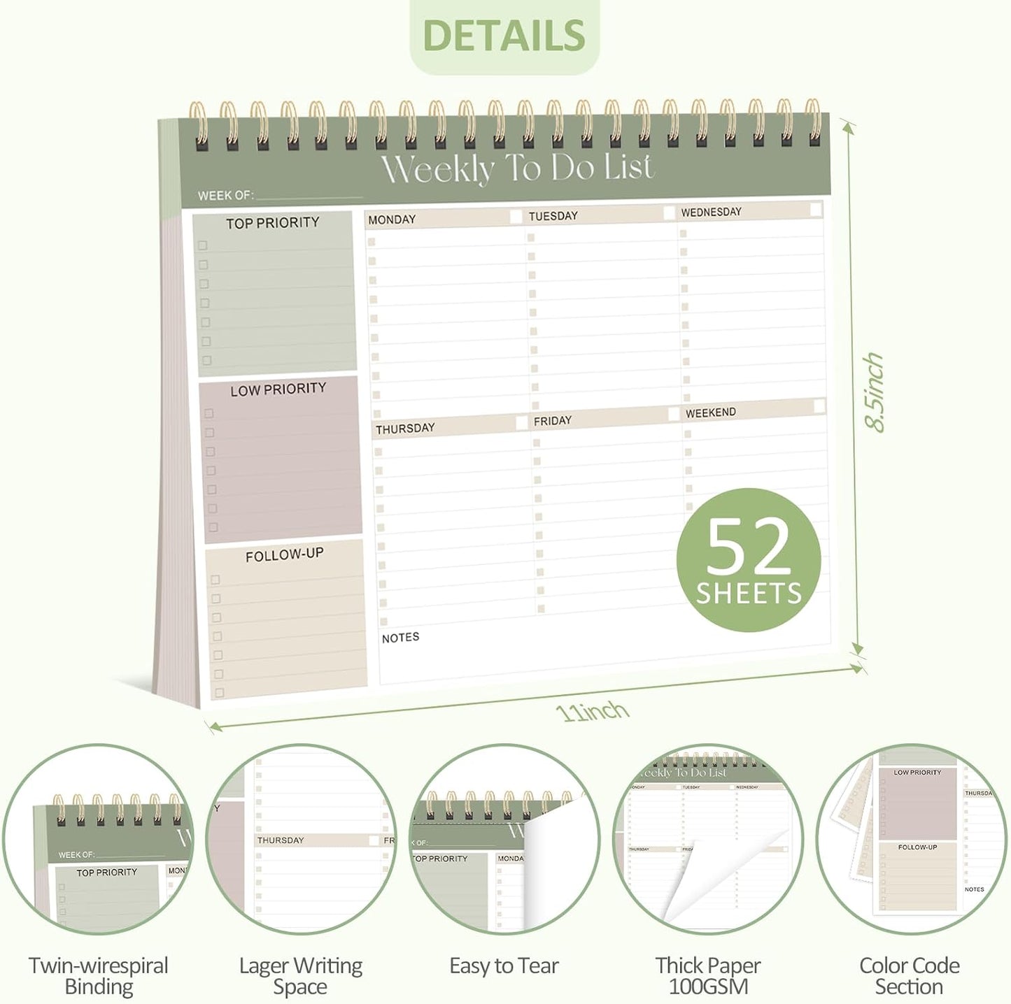 Weekly To Do List Notepad, 52 Undated Sheets (8.5"×11"), Undated Weekly Planner for Women & Men, Desk Accessories and Supplies for Office, Home, and School