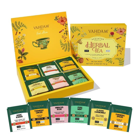 VAHDAM, Assorted Herbal Tea Variety Pack (6 Variants, 36 Tea Bags) Caffeine Free, Gluten Free, Non GMO | Eco Friendly Long Leaf Pyramid Tea Bags I Tea Gift Set for Men and Wome