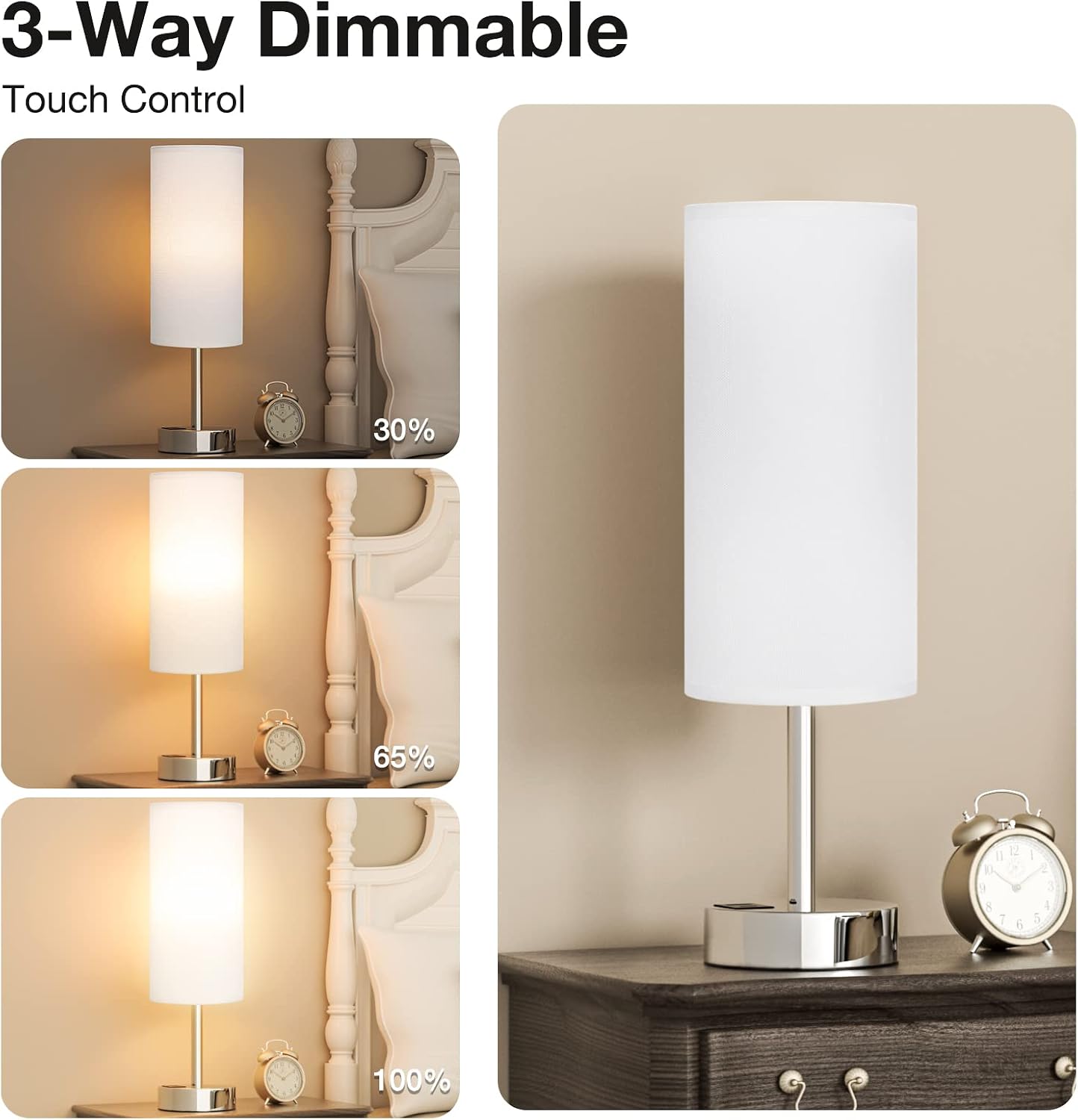 Dicoool Touch Table Lamp for Bedroom, 3 Way Dimmable Bedside Lamp with USB C & A Charging Ports - Small Desk Lamp for Dorm Room, College, Kids, Office, Living Room, White